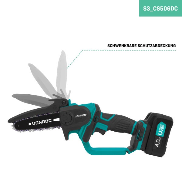 VONROC Mini-Kettensäge 20V – 152 mm – inkl. 4.0Ah Akku und Ladegerät