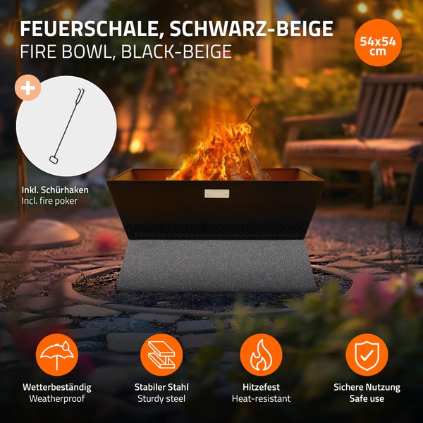 ML-Design Feuerschale mit Keramiksockel, 54x28,5x54 cm, Schwarz-Beige, Quadratischer Feuerstelle aus Stahl, abnehmbare Schale, Feuerkorb mit Schürhaken, Feuertonne Outdoor für Garten Camping Terrasse