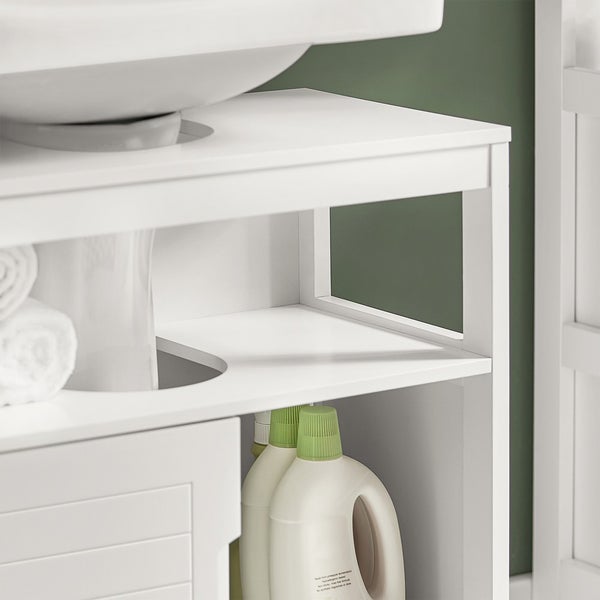 Detailansicht eines weißen Waschtischunterschranks mit Ablageflächen zur Aufbewahrung