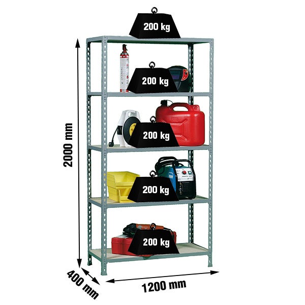 PROREGAL Schwerlastregal Big Muli HxBxT 200 x 120 x 40 cm 5 Fachböden Fachlast 200 kg Grau