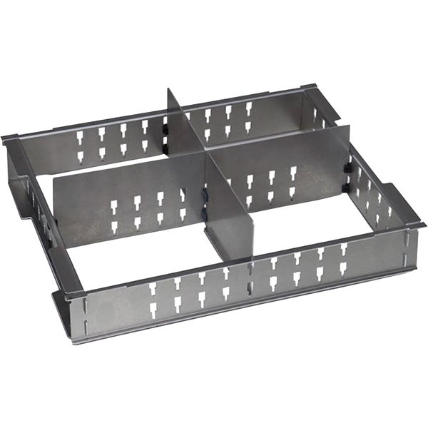 Schubladen-Einteilungssystem aus Metall mit verstellbaren Trennwänden und vertikalen Schlitzen zur individuellen Organisation.