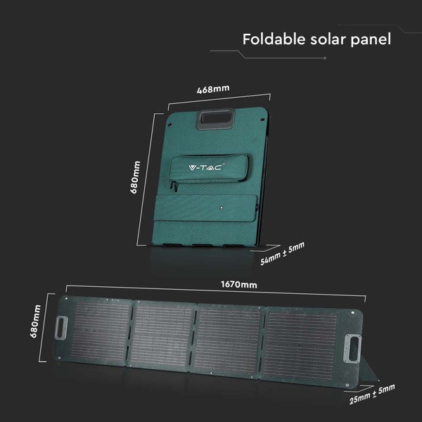 Faltbares Solarpanel mit den Maßen 680 mm x 1670 mm im geöffneten Zustand und 680 mm x 468 mm im geschlossenen Zustand