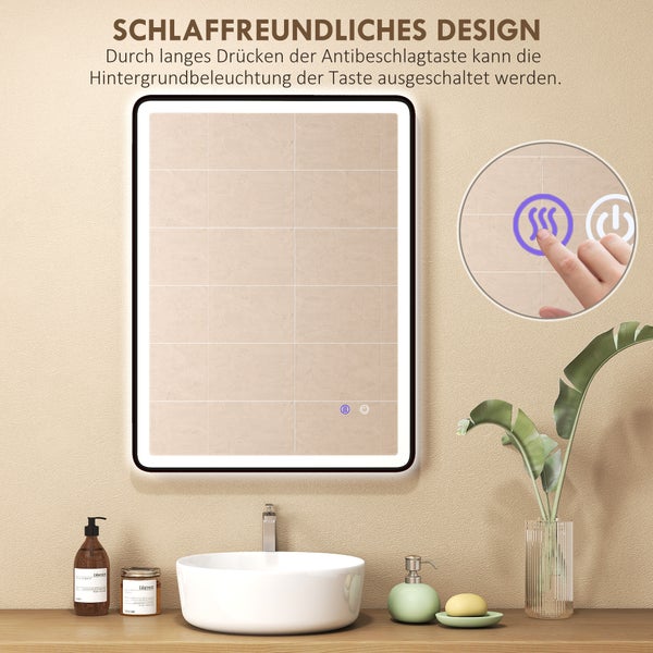 LED-Badspiegel mit Touch-Bedienung für Antibeschlagfunktion und ausschaltbarer Tastenbeleuchtung in einem hellen Badezimmer mit Waschbecken.