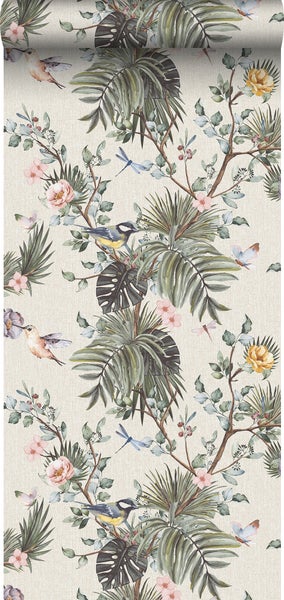 Sanders und Sanders Tapete tropische Dschungelblätter und Paradiesvögel Graugrün - 53 cm x 10 m - 640002
