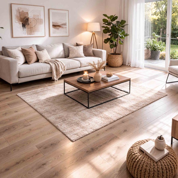 Helles Wohnzimmer mit Laminatboden in Holzoptik, beigem Sofa, Holztisch auf einem Hochflorteppich und einer großen Zimmerpflanze.