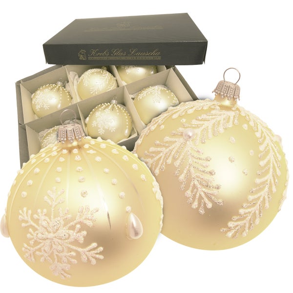 Kugeln Floral & Schneeflocke, Champagner Satin, 8cm, 6 Stck., Weihnachtsbaumkugeln, Christbaumschmuck, Weihnachtsbaumanhänger