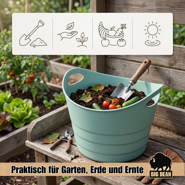 Kunststoffkübel mit Griffen für Gartenarbeit und Ernte auf einem Holztisch mit Gartenschaufel, Tomaten und Gurken sowie Big Dean Logo.