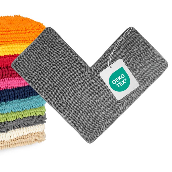 Graue Chenille-Badematte in Winkelform mit Oeko-Tex Zertifizierung.
