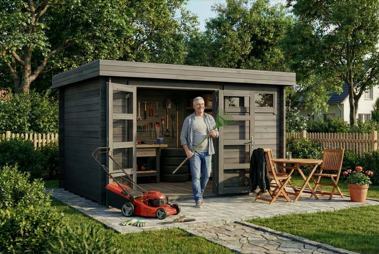 Modernes Gartenhaus aus grauem Holz mit Flachdach, Doppeltür, Rasenmäher und Gartenmöbeln in einem gepflegten Garten.