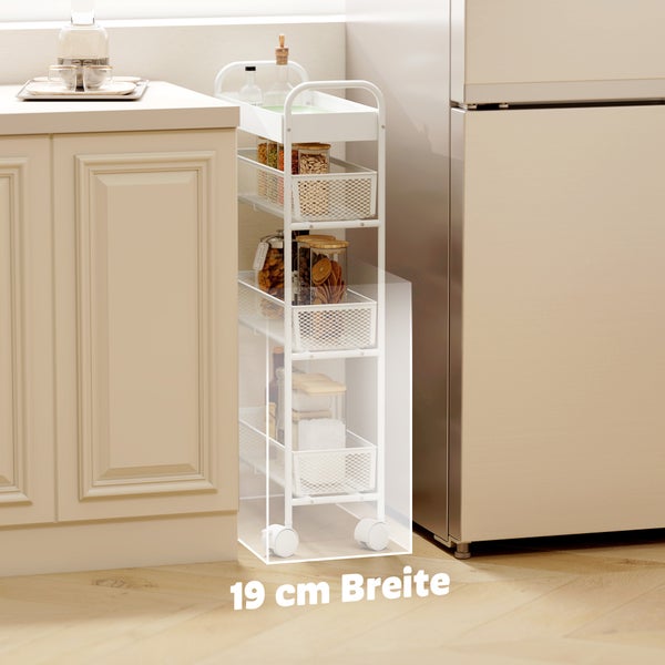 Schmaler Küchen-Nischenwagen aus Metall mit vier Körben auf Rollen, 19 Zentimeter breit, zwischen Schrank und Kühlschrank platziert.