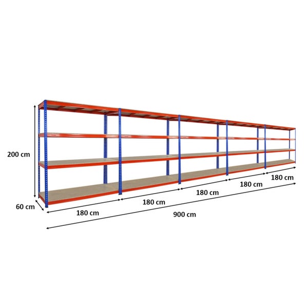 PROREGAL Mega Deal 5x Profi Schwerlastregal Bison HxBxT 200 x 180 x 60 cm 4 Fachböden Fachlast 600 kg Blau-Orange