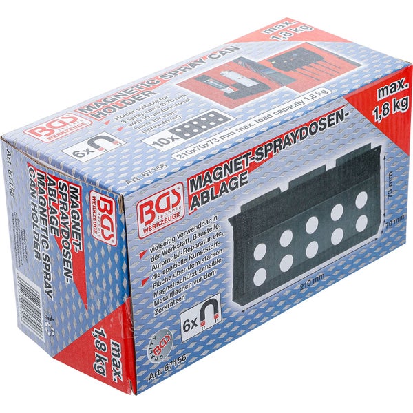 BGS Technic Verpackung für Magnet-Spraydosen-Ablage aus Metall, Maße 210 mal 70 mal 73 Millimeter, maximale Tragkraft 1,8 Kilogramm.