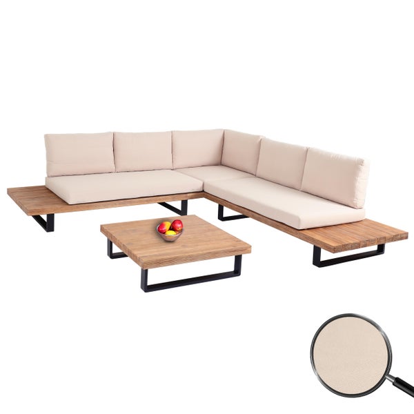 Garten-Lounge-Set aus Holz mit schwarzem Metallgestell, L-förmiges Ecksofa mit hellen Polstern, Couchtisch und Detailansicht des Stoffes.
