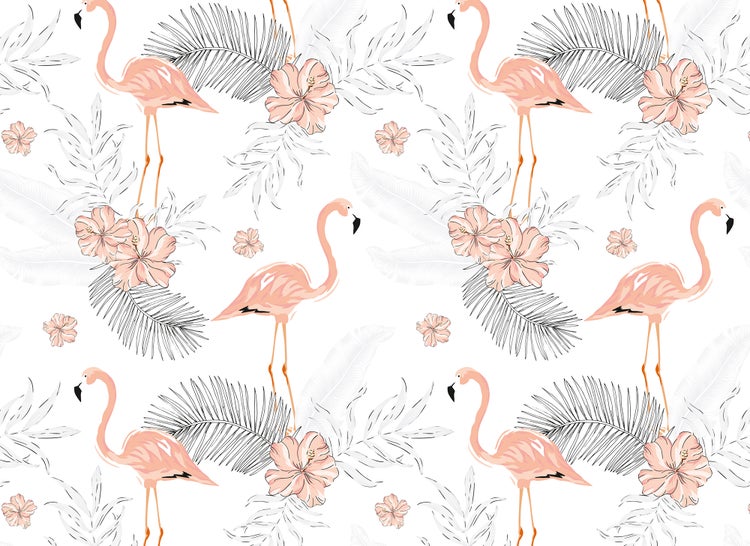 Tapete mit tropischem Muster aus Flamingos, Hibiskusblüten und Palmblättern.