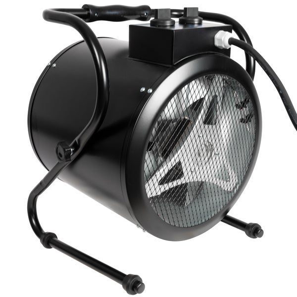 Schwarzer Elektroheizer mit Schutzgitter und Tragegriff