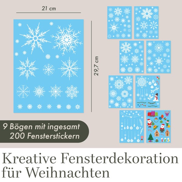 200 Fensterbilder Weihnachten Schneeflocken - Weihnachtsdeko Fenster Selbstklebend - Wiederverwendbare Fenster Aufkleber - Weihnachten Fenster Deko - Fensterbilder Weihnachten