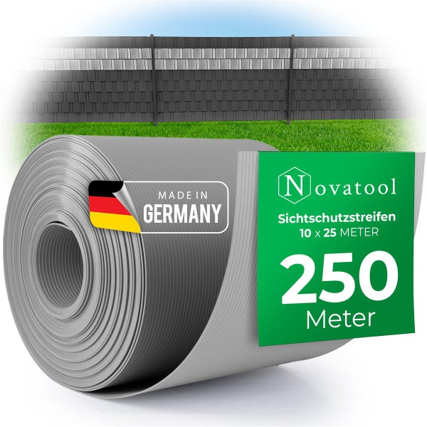 Novatool PREMIUM PP 250m Rollen Sichtschutzstreifen für Doppelstabmattenzaun FENSTER GRAU für 100 Reihen Stabmattenzaun Sichtschutzstreifen langlebig & witterungsbeständig Zaunelemente Sichtschutz