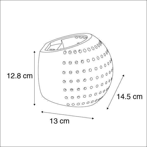 Skizze eines Pflanzgefäßes mit den Maßen 12,8 cm Höhe, 13 cm Breite und 14,5 cm Tiefe.