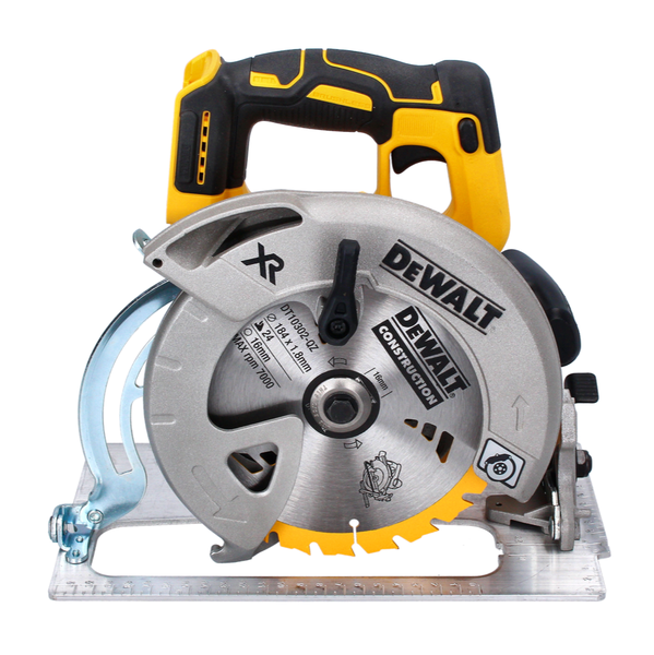 DeWalt Akku-Handkreissäge mit einem Kreissägeblatt mit 184 Millimeter Durchmesser und robustem Metallschuh.
