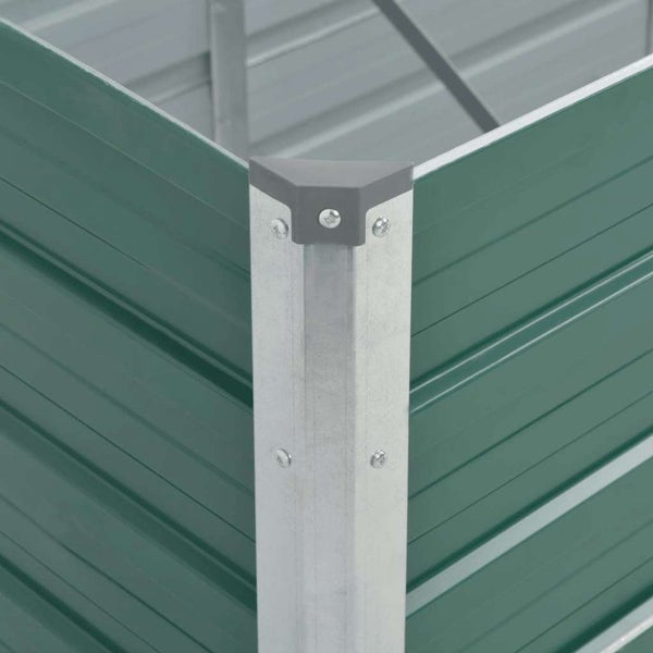 Detailansicht der Eckverbindung eines Hochbeets aus Metall mit Eckprofil und Schutzkappe.