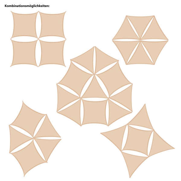 Kombinationsmöglichkeiten für Sonnensegel in verschiedenen geometrischen Anordnungen aus quadratischen und dreieckigen Formen.