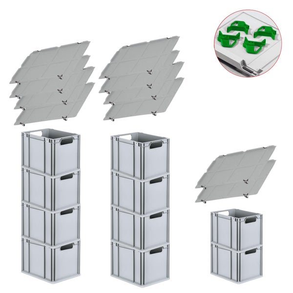 PROREGAL Spar Set 10x Eurobox Nextgen Economy Mit Auflagedeckel & 4x Schiebeschnappverschlüsse Grün Griffe Offen HxBxT 32 x 30 x 40 cm 30 Liter