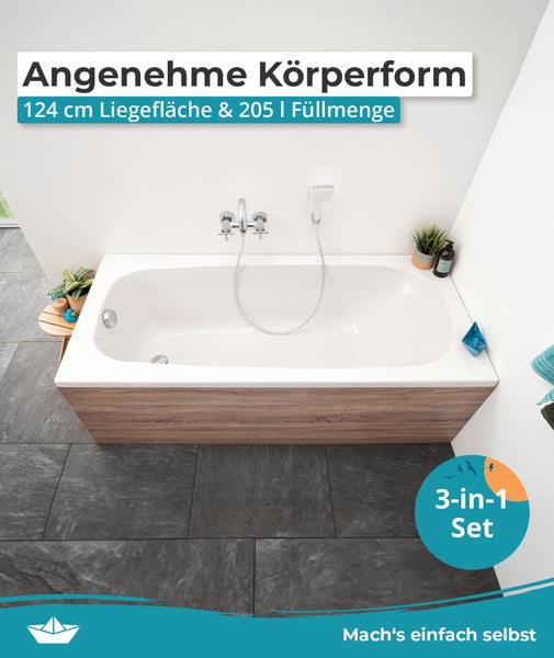 Einbaubadewannen-Set, 124 Zentimeter Liegefläche, 205 Liter Füllmenge, Schürze in Holzoptik und Armatur im modernen Badezimmer mit dunklen Fliesen.