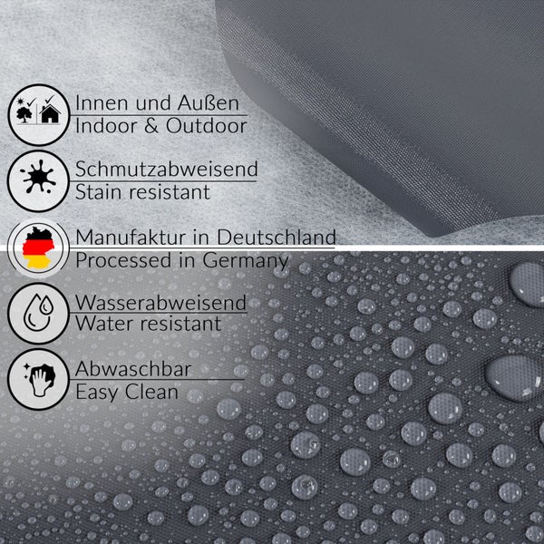 Eigenschaften: Geeignet für Innen- und Außenbereiche, schmutzabweisend, hergestellt in Deutschland, wasserabweisend und leicht zu reinigen