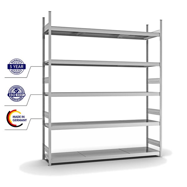 PROREGAL Weitspannregal Stecksystem T-Profil Grundregal HxBxT 300x250x50 cm 5 Ebenen Stahlplatten Fachboden Fachlast 350 kg Verzinkt