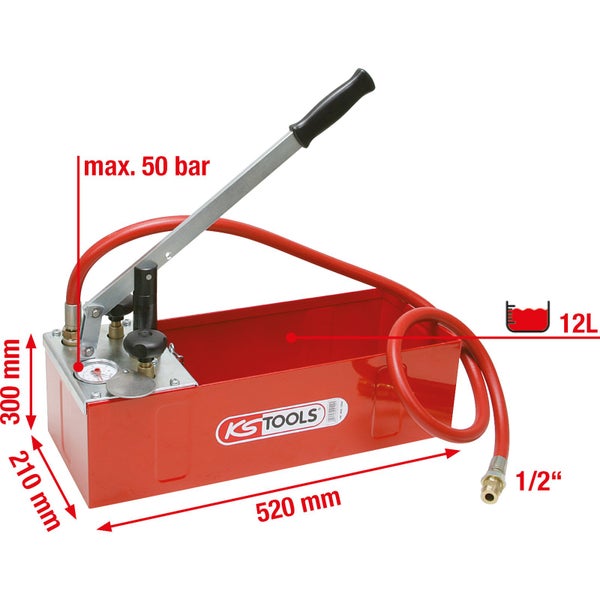 Druckprüfpumpe mit einem maximalen Druck von 50 bar, einem 12 Liter Behälter und den Maßen 520 x 210 x 300 Millimeter.