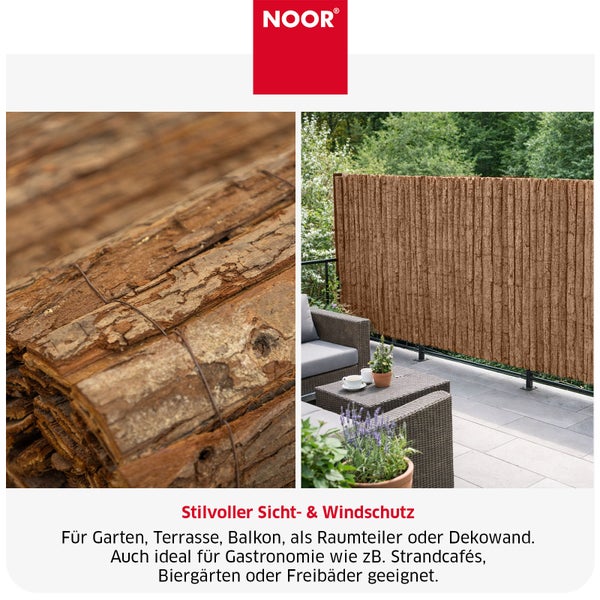 Noor Logo und natürlicher Rinden Sichtschutz aus Baumrinde als Windschutz auf einem Balkon mit Gartenmöbeln und Pflanzen.
