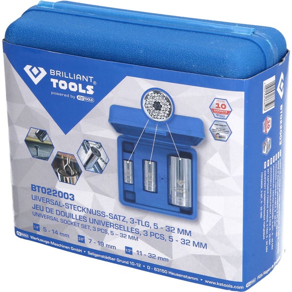 Universal Stecknuss Satz im blauen Koffer, 3-teilig, 5 bis 32 Millimeter
