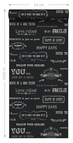 Tapetenrolle mit verschiedenen Schriftzügen und Motiven, Länge 10,05 Meter, Breite 53 Zentimeter