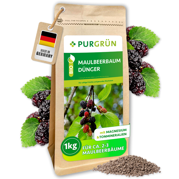 Purgrün Logo auf 1 Kilogramm Bio Maulbeerbaum Dünger mit Magnesium und Tonmineralien für circa 2 bis 3 Bäume, hergestellt in Deutschland.