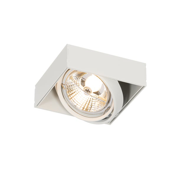 Quadratischer weißer Aufbaustrahler mit schwenkbarem Reflektor.