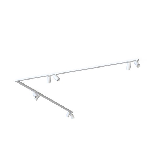 Weißes Schienensystem mit sechs verstellbaren Strahlern für die Deckenmontage.