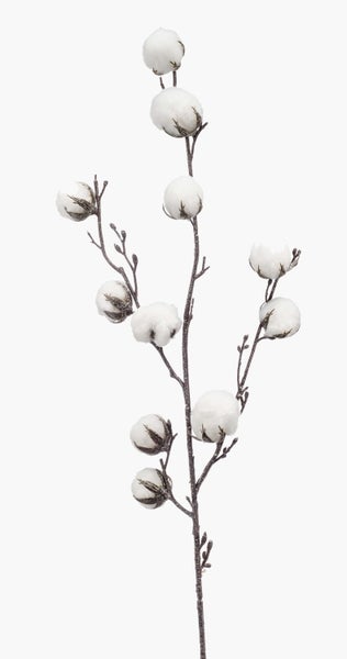 Künstlicher Baumwollzweig mit weißen Baumwollkapseln und braunem Stiel für die Innendekoration.