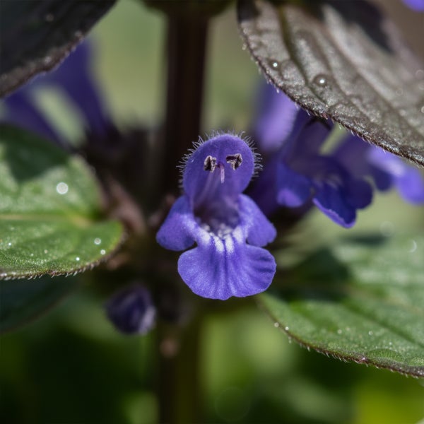 Nahaufnahme einer blühenden Kriechender-Günsel-Pflanze mit violetten Blüten und dunkelgrünen Blättern.