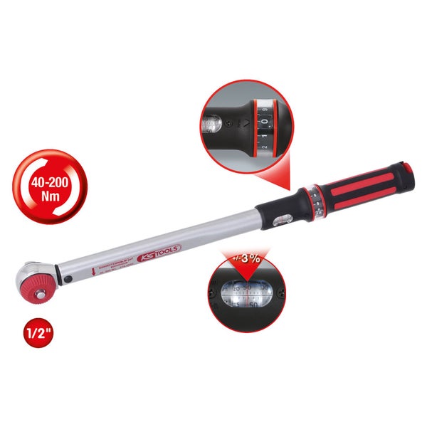 KS TOOLS 1/2 ERGOTORQUEprecision Drehmomentschlüssel 40 - 200 Nm mit Quick-Lock Drehknopf-Umsteck-Ratschenkopf - 516.6042