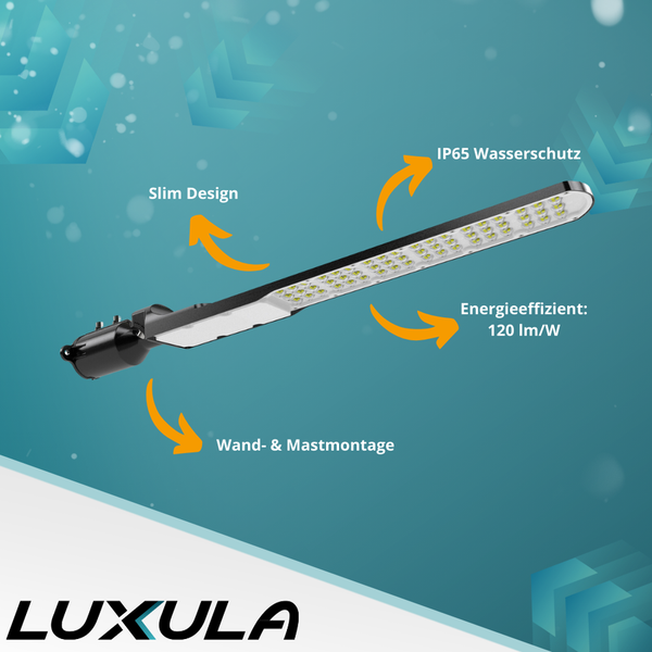 Schlanke LED-Straßenleuchte mit Wand- und Mastmontage, energieeffizient und IP65 Wasserschutz