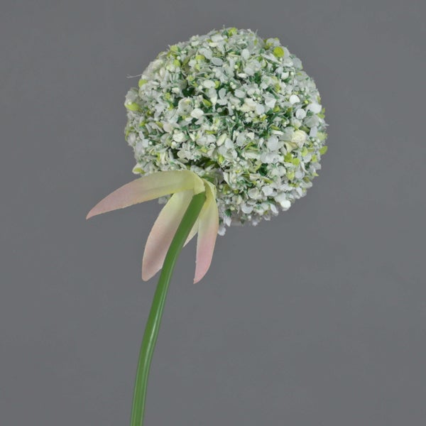 Künstliche Blume Allium mit grün-weißem rundem Blütenkopf und grünem Stiel.