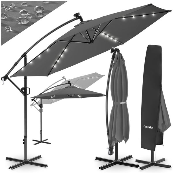 Tectake Ampelschirm mit LED-Solarbeleuchtung, wasserabweisendem Stoff, Standkreuz und Schutzhülle mit Tectake Logo.