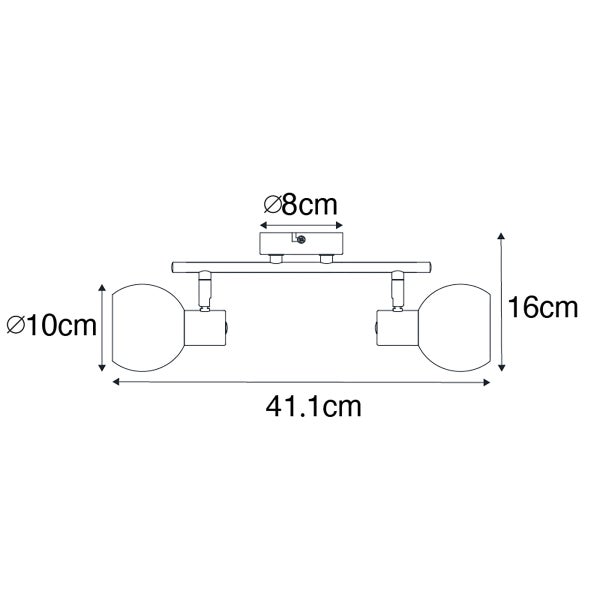 Maße einer Deckenleuchte mit zwei Leuchten und einer Länge von 41,1 cm.