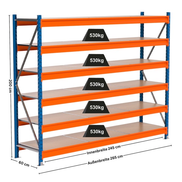 Lagerregal mit fünf Ebenen und einer Traglast von 530 Kilogramm pro Ebene.