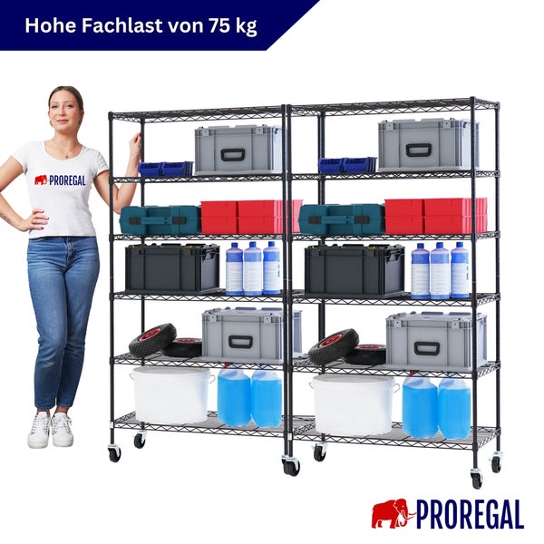 Schwarzes Drahtgitterregal auf Rollen mit fünf Ebenen, Fachlast 75 Kilogramm pro Boden, beladen mit Boxen und Kanistern. PROREGAL Logo.