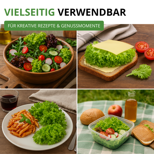 Collage zur vielseitigen Verwendung von frischem Salat für Salatschüsseln, Sandwiches, Beilagen und Picknicks.
