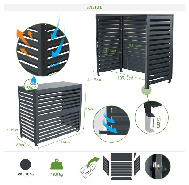 Aneto L Sichtschutzbox mit Maßen, Gewicht, Ral-Farbe und Verpackungsdetails