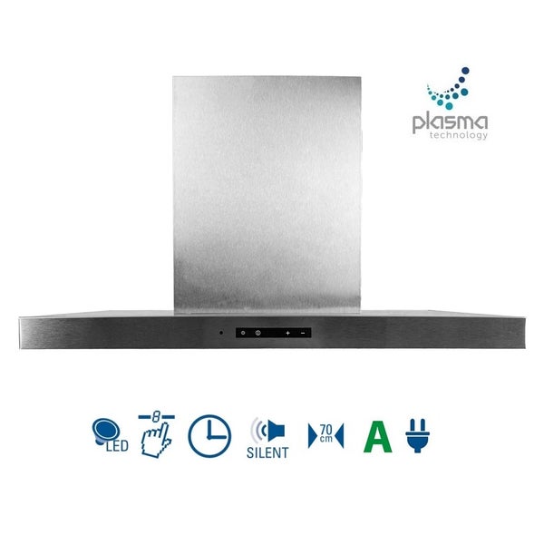 Dunstabzugshaube aus Edelstahl, 70 Zentimeter breit, Energieklasse A, LED-Beleuchtung, 8 Stufen, Timer, leiser Betrieb, Plasma Technology Logo.