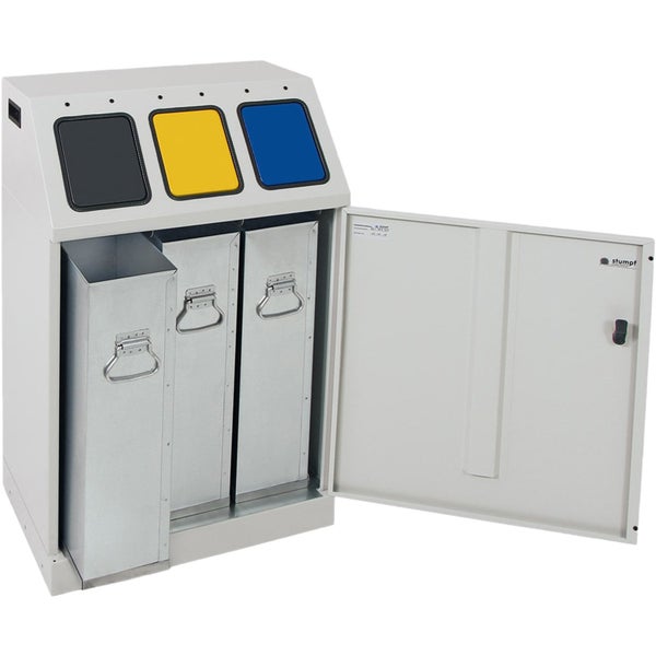 Wertstoffsammelbox mit drei Behältern und Fächern für Papier, Wertstoffe und Restmüll