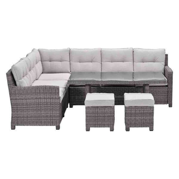 Garten-Lounge-Set aus grauem Polyrattan-Geflecht mit Ecksofa, Tisch mit Glasplatte, zwei Hockern und hellen Polsterauflagen.